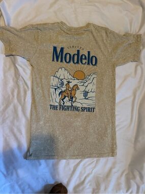 ModelCo Beige Graphic Tee with Navy and Orange Print